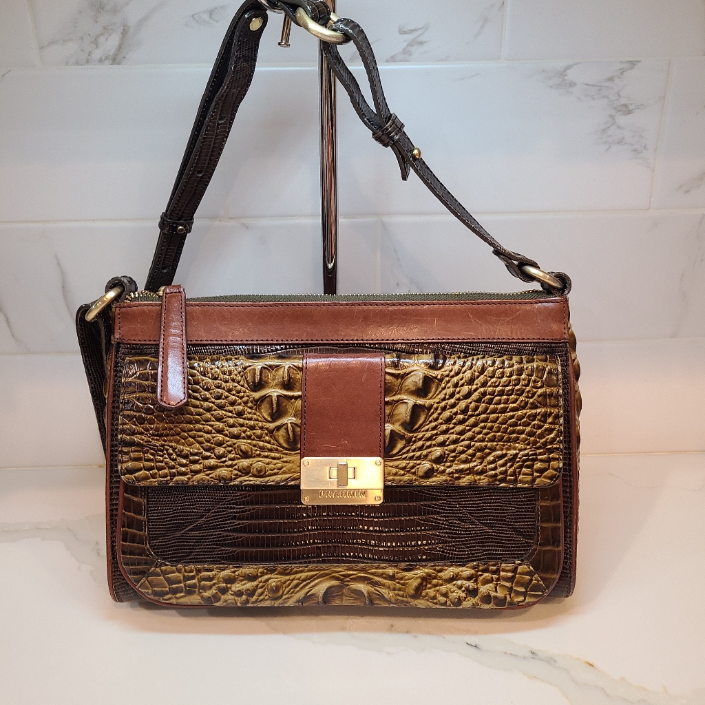 Brahmin Vintage Brown And Gold Croc-Embossed Shoulder Bag